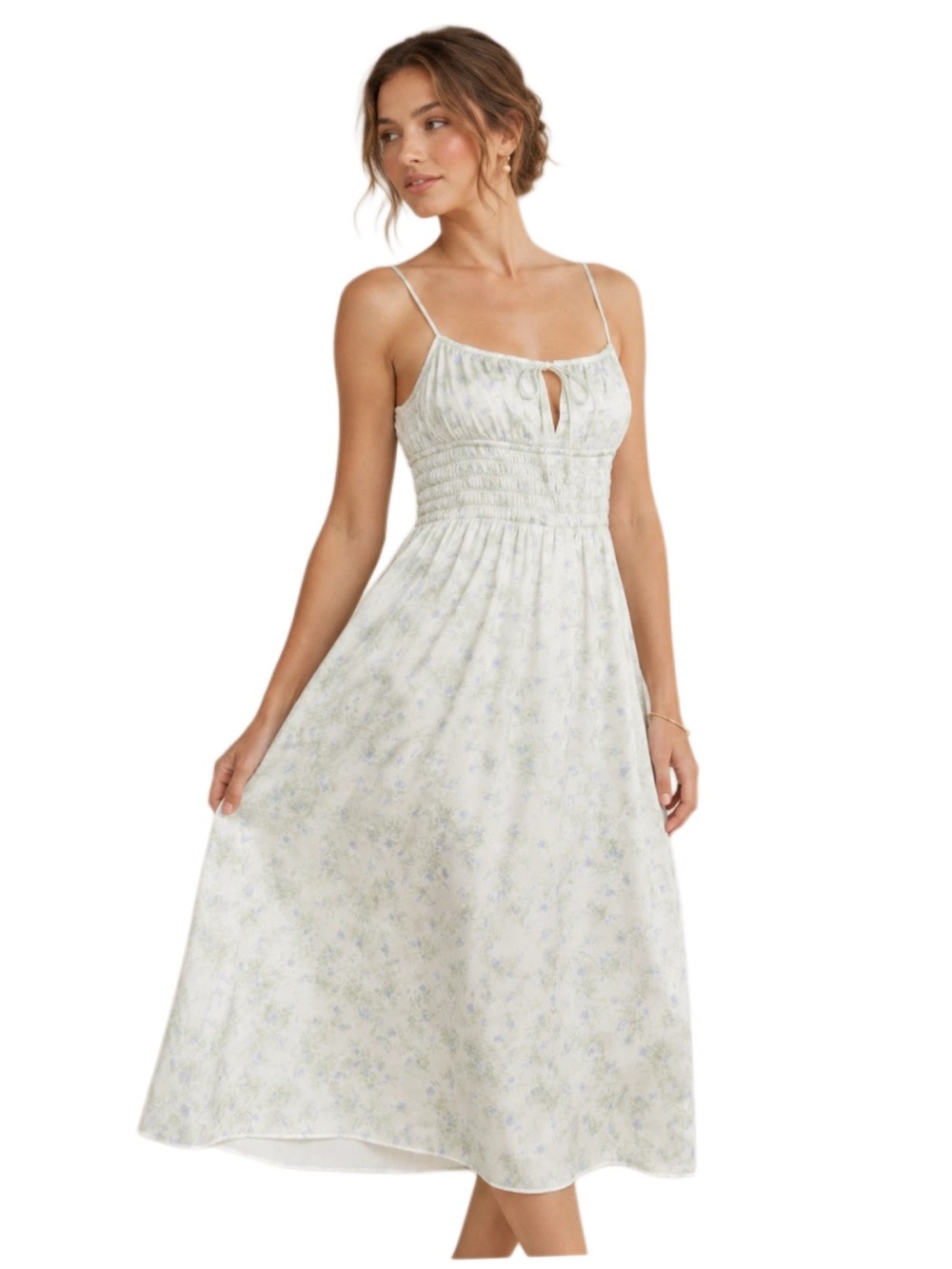 NWT ASTR the Label silky milkmaid smocked ditzy cream blue floral midi dress XS